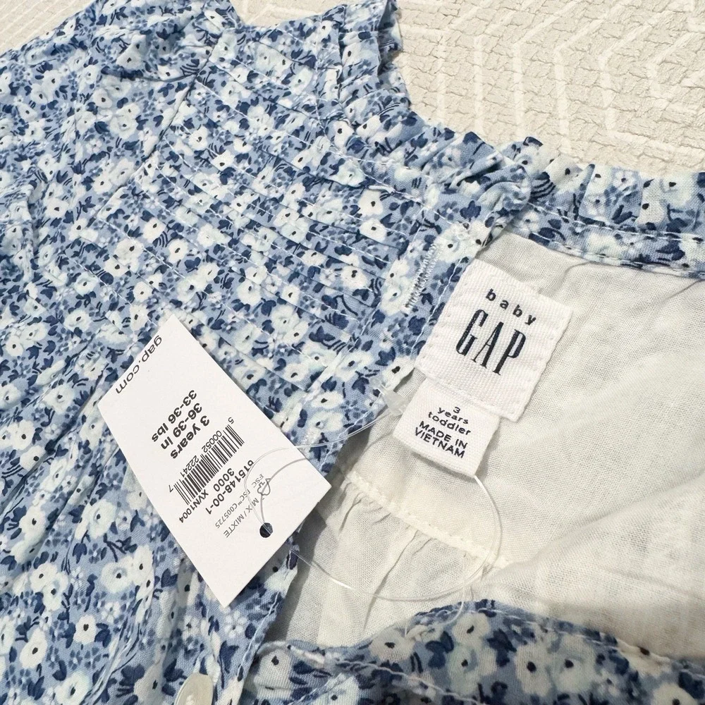 Baby GAP Toddler Girl‎ Dress 3T Blue Floral Cotton Puff Sleeve NWT Spring Summer